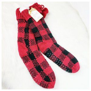 Give Slipper Socks Red and Black Buffalo Check Plaid Non-Skid Cozy Lined Pom Pom